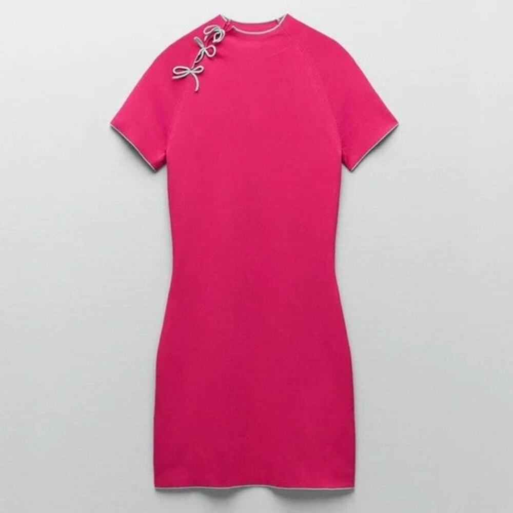 Zara Short Sleeve Knit Mini Bodycon Dress Bow Detail Contrast Trim L Pink #3138